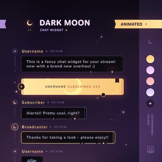 Dark Moon: Chat Widget • Minimal, Starry, Celestial Theme • Chat Box with Pronouns & Alerts for Twitch Streams (StreamElements)