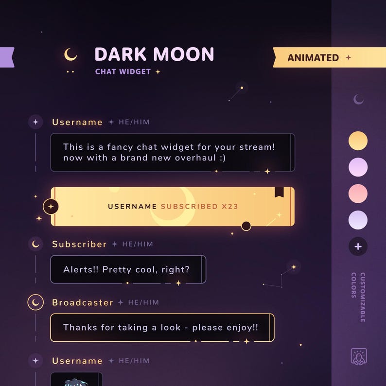 Luna Oscura: Widget de chat • Tema minimalista, estrellado y celestial • Cuadro de chat con pronombres y alertas para transmisiones de Twitch (StreamElements) imagen 1