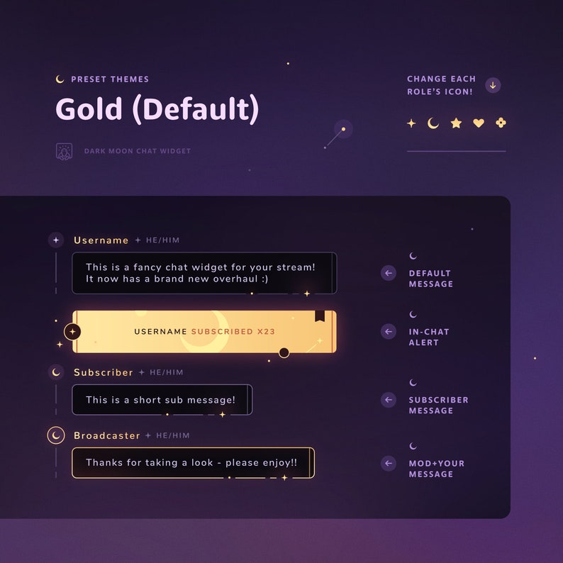 Puede incluir: Una pantalla de color morado oscuro con un dise&ntilde;o de widget de chat dorado. El widget tiene un fondo dorado con un icono de luna y el texto "USERNAME SUBSCRIBED X23". La pantalla tambi&eacute;n tiene un men&uacute; con opciones para "Nombre de usuario", "Suscriptor", "Emisor", "Mensaje predeterminado", "Alerta de chat", "Mensaje de suscriptor" y "Mensaje de moderador".
