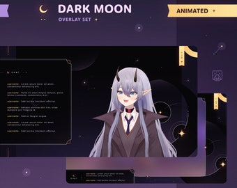 Dark Moon: Animated Vtuber Overlay Pack • Minimal, Starry, Elegant Theme • Chatting & Gaming Scenes for Twitch Streams