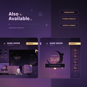 Puede incluir: Superposiciones de transmisi&oacute;n de Twitch animadas con un tema de luna oscura y estrellas. Las superposiciones incluyen una pantalla de inicio pronto, una alerta de nuevo suscriptor y una alerta de incursi&oacute;n. Las superposiciones son de color morado y dorado.