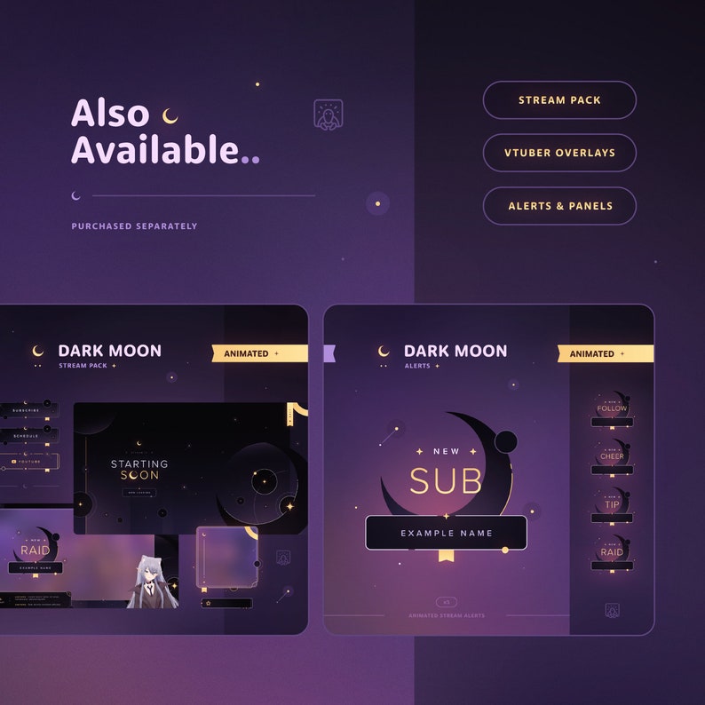 Puede incluir: Superposiciones de transmisi&oacute;n de Twitch animadas con un tema de luna oscura y estrellas. Las superposiciones incluyen una pantalla de inicio pronto, una alerta de nuevo suscriptor y una alerta de incursi&oacute;n. Las superposiciones son de color morado y dorado.