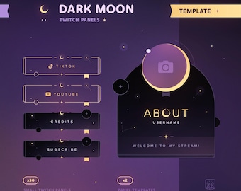 Dark Moon: Twitch Panels • Minimal, Starry, Elegant Theme • Stream Panel Set with Templates