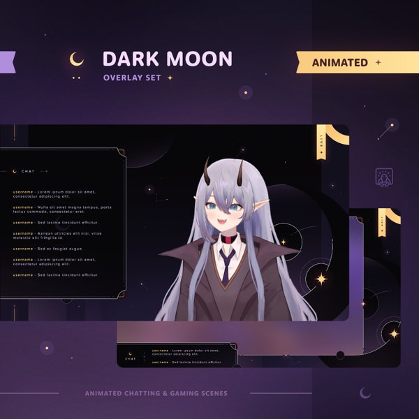 Dark Moon: Animated VTuber Overlay Pack • Minimal, Starry, Elegant Theme • Chatting & Gaming Scenes for Twitch Streams