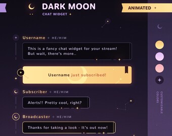 Lune noire : widget de discussion • Thème minimaliste, étoilé et élégant • Boîte de discussion avec pronoms et alertes pour les diffusions Twitch (StreamElements)