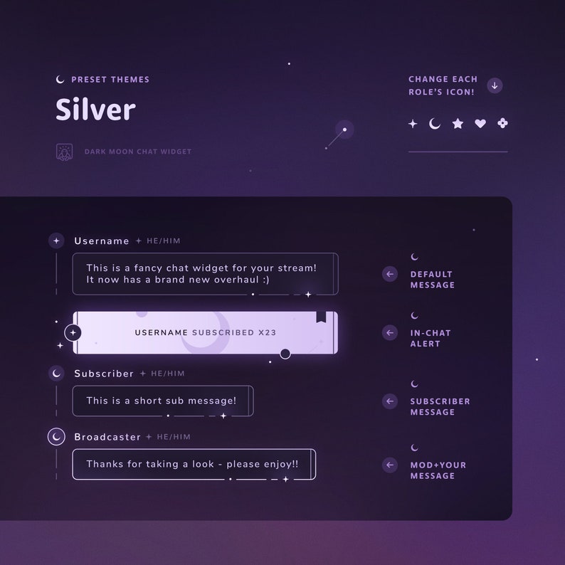 Puede incluir: Una pantalla p&uacute;rpura y blanca con un dise&ntilde;o de widget de chat. El widget tiene un tema de luna oscura e incluye una variedad de opciones para personalizar la experiencia de chat. El texto en la pantalla dice "PRESET THEMES Silver DARK MOON CHAT WIDGET Username + HE/HIM This is a fancy chat widget for your stream! It now has a brand new overhaul :) USERNAME SUBSCRIBED X23 Subscriber + HE/HIM This is a short sub message! Broadcaster + HE/HIM Thanks for taking a look - please enjoy!! CHANGE EACH ROLE'S ICON!  DEFAULT MESSAGE IN-CHAT ALERT SUBSCRIBER MESSAGE MOD+YOUR MESSAGE"