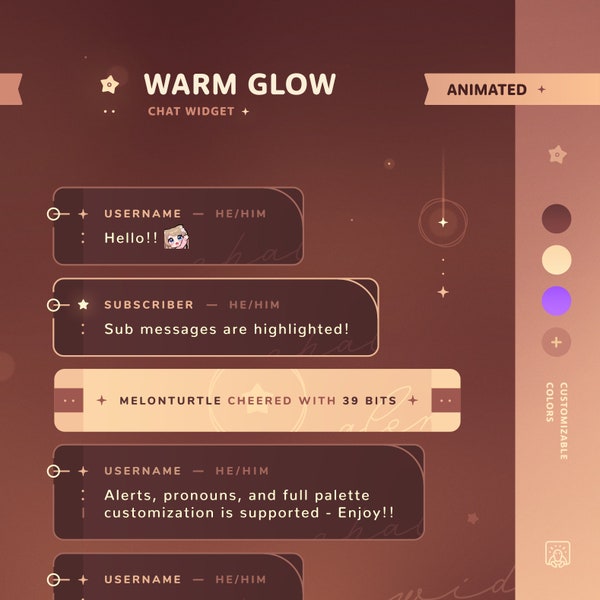 Warm Glow: Chat Widget • Minimal, Cozy, Starry Theme • Chat Box with Pronouns & Alerts for Twitch Streams (StreamElements)