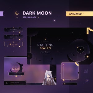 Dark Moon: Animiertes Stream Paket • Minimal, sternenklar, Elegantes Design • Overlays, Szenen, Warnungen, & Panels für Twitch Streams