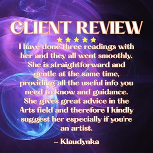 A digital graphic with a purple and blue background. The text "CLIENT REVIEW" is at the top in gold. Below, a customer review with five gold stars praises the advice and guidance provided. Blind Psychic Reading or General Tarot Reading, Personalized Video: No A I, Honest Psychic Medium Reading, Metaphysical Shops, Blind Reading buyer review. Tarot Reading