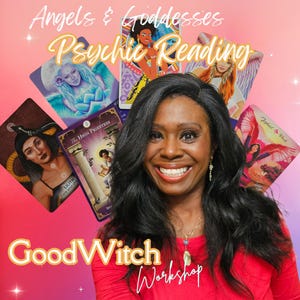 May include: A woman smiles, surrounded by tarot cards featuring angel and goddess illustrations. The cards are labeled with phrases like "Psychic Reading" and "Good Witch Workshop."