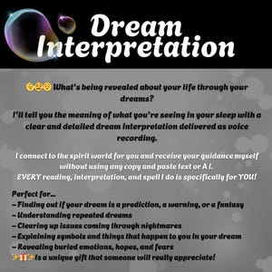 Dream Reading and Explanation Audio, Psychic Insights: No A I, Dream Interpretation, In-Depth Dream Psychic Reading, Spiritual Divination item description. Voice Recording Gift, plus tarot reading, plus spells, Psychic Medium​.