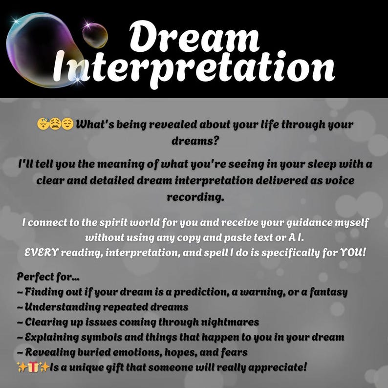 Dream Reading and Explanation Audio, Psychic Insights: No A I, Dream Interpretation, In-Depth Dream Psychic Reading, Spiritual Divination item description. Voice Recording Gift, plus tarot reading, plus spells, Psychic Medium​.