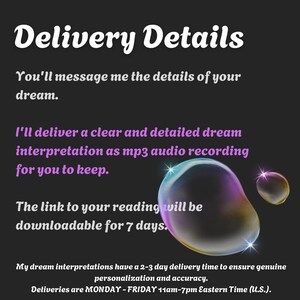 Dream Reading and Explanation Audio, Psychic Insights: No A I, Dream Interpretation, In-Depth Dream Psychic Reading, Spiritual Divination delivery information. Voice Recording Gift, plus tarot reading, plus spells, Psychic Medium​.