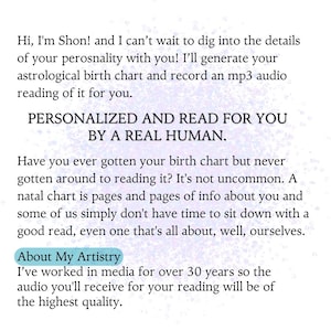 Audio Astrology Chart Reading Personalized Audiobook Gift, Astrology Reading, Birth Chart Print, Natal Chart Reading, Zodiac Spiritual Gifts item description. natal chart reading, astrology chart reading, birth chart print