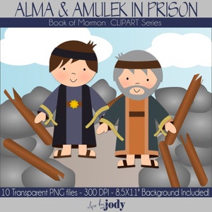 May include: A digital illustration of Alma and Amulek in prison. The two men are wearing robes and are bound with ropes. The background is a stone wall with wooden beams.