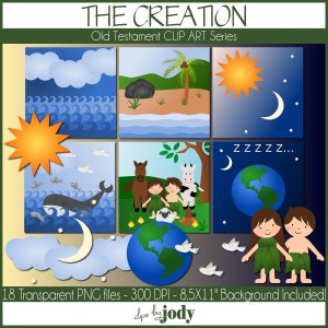 May include: A set of 18 digital clip art images depicting the creation story from the Bible. The images include a sun, moon, stars, clouds, water, fish, a whale, a horse, a cow, a sheep, a man, a woman, and a tree. The images are in a cartoon style and are perfect for use in religious education materials.