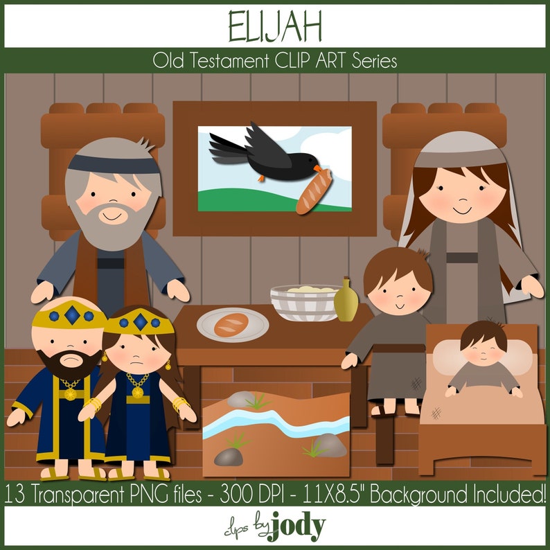 May include: A digital illustration of a scene from the Bible story of Elijah and the Widow of Zarephath. The illustration features a brown-haired woman, a man with a beard, and two children. The scene is set in a simple wooden house with a table and chairs. The illustration is in a cartoon style and is suitable for use in children's books, educational materials, or religious artwork.