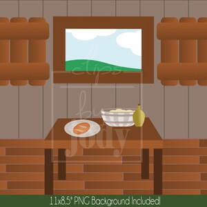 May include: A wooden table with a bowl of dough, a loaf of bread on a plate, and a bottle of oil. The table is in front of a window with a view of a green field and blue sky. There are two wooden shutters on either side of the window.