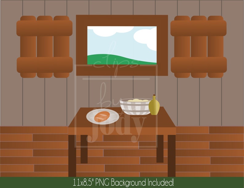 May include: A wooden table with a bowl of dough, a loaf of bread on a plate, and a bottle of oil. The table is in front of a window with a view of a green field and blue sky. There are two wooden shutters on either side of the window.