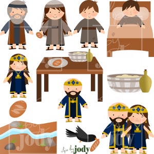 May include: A set of colorful cartoon illustrations depicting a biblical story. The illustrations include a man and woman in brown robes, a man and woman in blue robes, a man in a blue robe with a crown, a man in a bed, a table with a bowl and bread, a bird with a piece of bread in its beak, and a river with rocks.