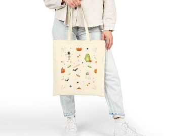 Halloween Tote Bag | Whimsical Pumpkins, Ghosts, Bats, Monster Print