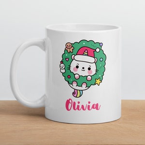 Gepersonaliseerde kerst mok, leuke kat, eenhoorn, aangepaste kerst mok, kerstavond doos, kous vuller, aangepaste kids mok