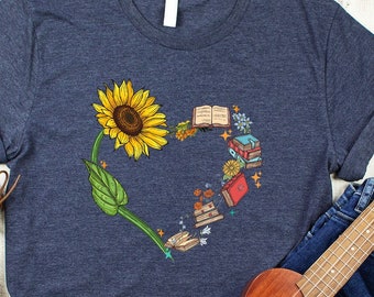 Book Sunflower Shirt, Book Heart Shirt, Book Lover Shirt, Bibliophile Shirt, Library Squad Shirt, Book Addict Gift, Librarian Shirt