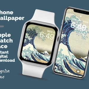 The Great Wave Apple Watch Face and iPhone Wallpaper Set, Classic Japanese Art Wallpaper Bundle for Smart Watch and Smart Phone