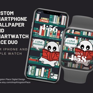 Cute ghost Apple Watch Face and iPhone Wallpaper Set | Ghost Reading Smart Watch/Smart Phone Wallpaper Duo - Teacher, Librarian, Reader Set