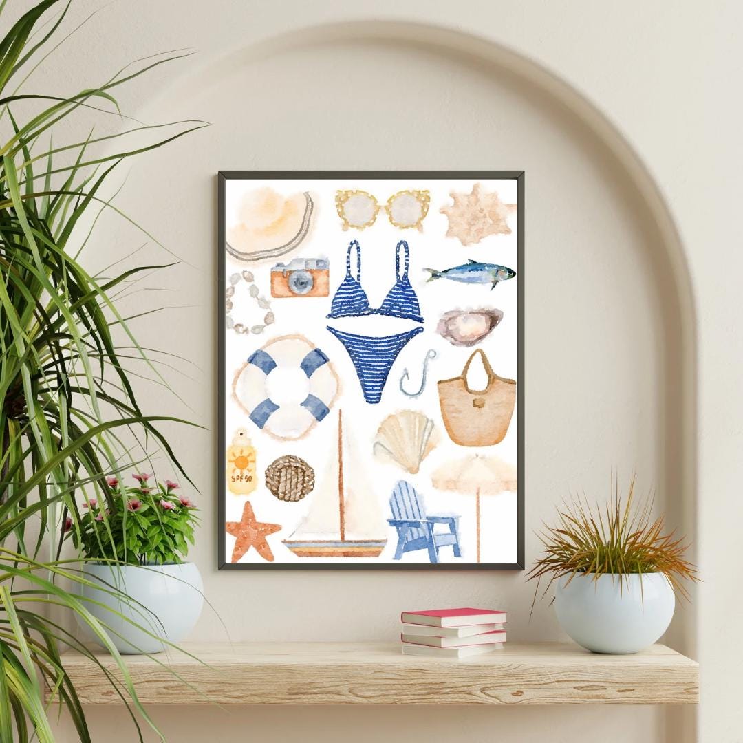 Beach Essentials Watercolor Print Beach House Wall Art East Coast Decor ...