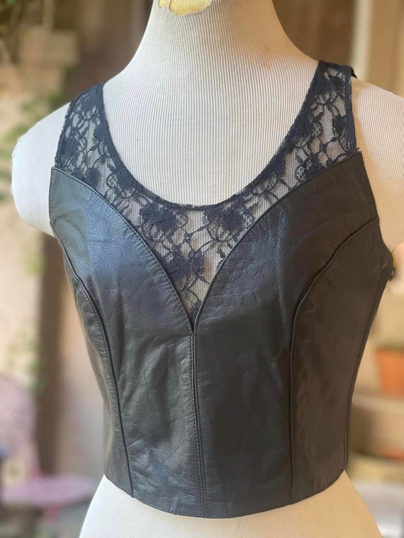 Vintage 1980s Chia Black Leather and Lace Top