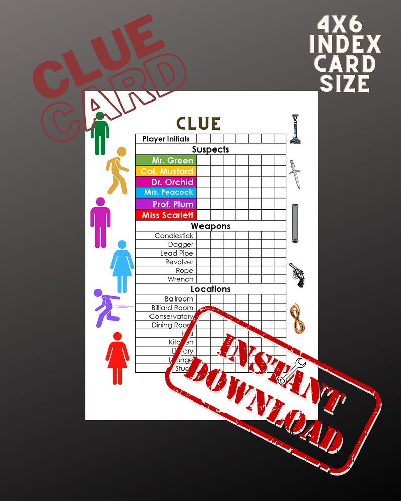Printable Color Clue Card for the Game of Clue Etsy