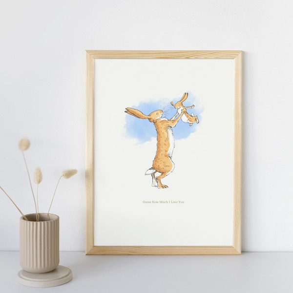 Devine combien je t'aime, gros lièvre brun noisette, petit lièvre brun noisette, impression d'illustration de livre pour enfants, art mural pour enfants, impression numérique