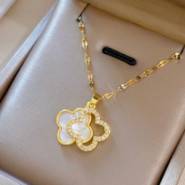 Gold Clover Necklace, Gemstone Pendant Necklace