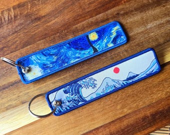 Embroidered Classic Art Jet Tags: Hokusai's Great Wave, and Van Gogh's Starry Night
