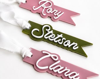 Personalized Stocking Tag: Custom Christmas Gift Name Marker, Laser Cut Acrylic Holiday Ornament, Reusable Pennant Present, Family Keepsake