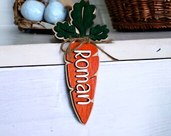 Carrot Easter Basket Tag, Laser Cut Wooden Custom Charm, Personalized Kid's Name, Gift Bag Stuffer, Spring Holiday Pastel Bunny Decor