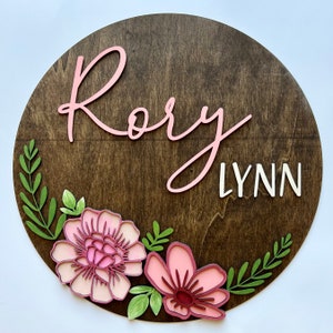 Nursery Name Sign, 12-24 Inch, Personalized Round Plaque, Custom Wood Baby Sign, 3D Layered Laser Cut, Boho Floral Theme, Bedroom Crib Decor