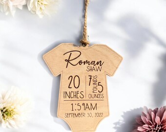 Newborn Birth Stat Ornament, Custom Laser Cut Wooden Keepsake, Personalized Baby First Christmas, Engraved Birthday Holiday Announcement Tag