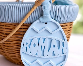 Custom Easter Egg Basket Tag: Laser Cut Acrylic Name, Personalized Pastel Retro, Trendy Kid Place Card