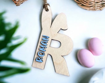 Monogram Bunny Ear Easter Basket Tag, Laser Cut Wooden Custom Charm, Personalized Kid's Name, Gift Bag Stuffer, Spring Minimalist Initial