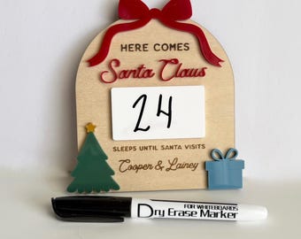Personalized Christmas Countdown Sign: Days Until Santa Visits Dry Erase Board, Kids Holiday Decor, Wooden Acrylic Advent Calendar Magnet