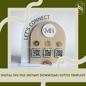 May include: A beige and white social media display stand with the text "LET'S CONNECT" and social media icons. Includes QR codes for Facebook, Instagram, and YouTube. The stand also has the text "MH".