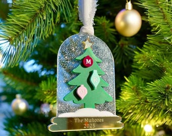 Glitter Snow Globe Tree Ornament: Custom Initials Acrylic Christmas Decor, Personalize Engraved Family Name Keepsake Holiday Gift, Xmas 2025