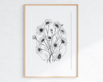 Botanical Sketch | Printable Digital Download | Daisy April Flower Drawing