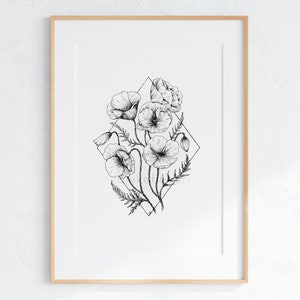 Botanical Sketch | Printable Digital Download | Poppy August Flower Drawing