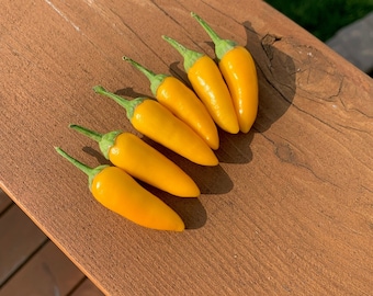 May include: Six small, bright yellow peppers with green stems arranged in a row on a wooden surface.