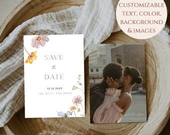 Wildflower Save The Date Template | Floral Save The Date Card | Editable Template | Editable Save The Date | Beige Save The Date