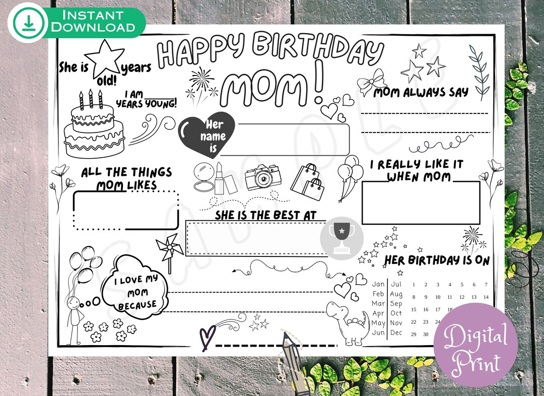Mom's Birthday Printable Happy Birthday Mom Coloring - Etsy