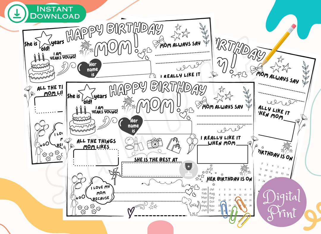 Mom's Birthday Printable Happy Birthday Mom Coloring Page Mom's Bday ...